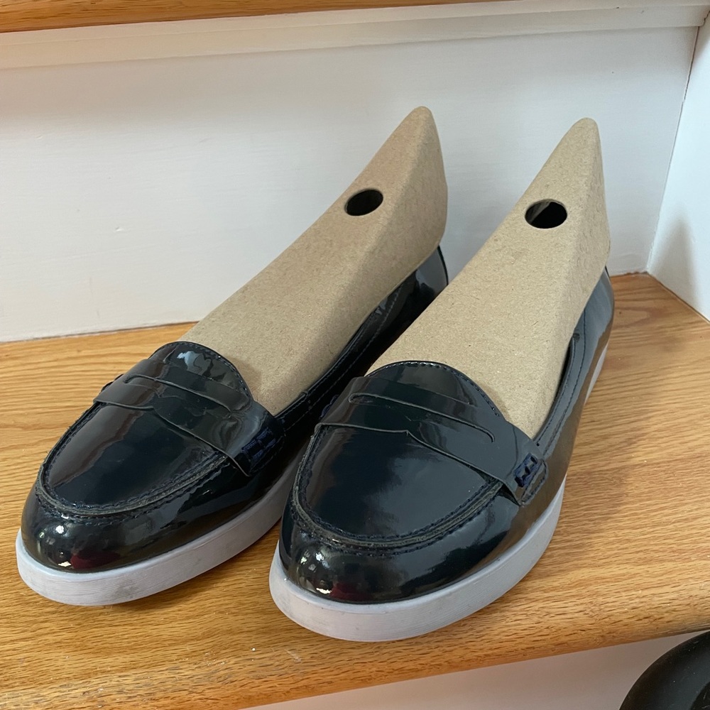Navy blue patent Boden Penny Loafers